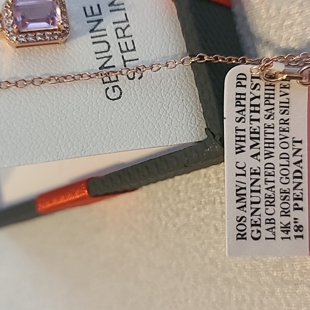 ROSE GOLD GENUINE AMETHYST STERLING SILVER 18" PENDANT & MATCHING RING - Picture 12 of 15